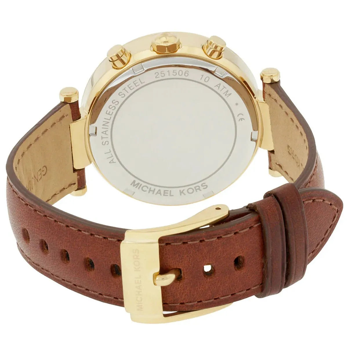 Michael Kors Parker watch displayed from back showing case and brown leather strap