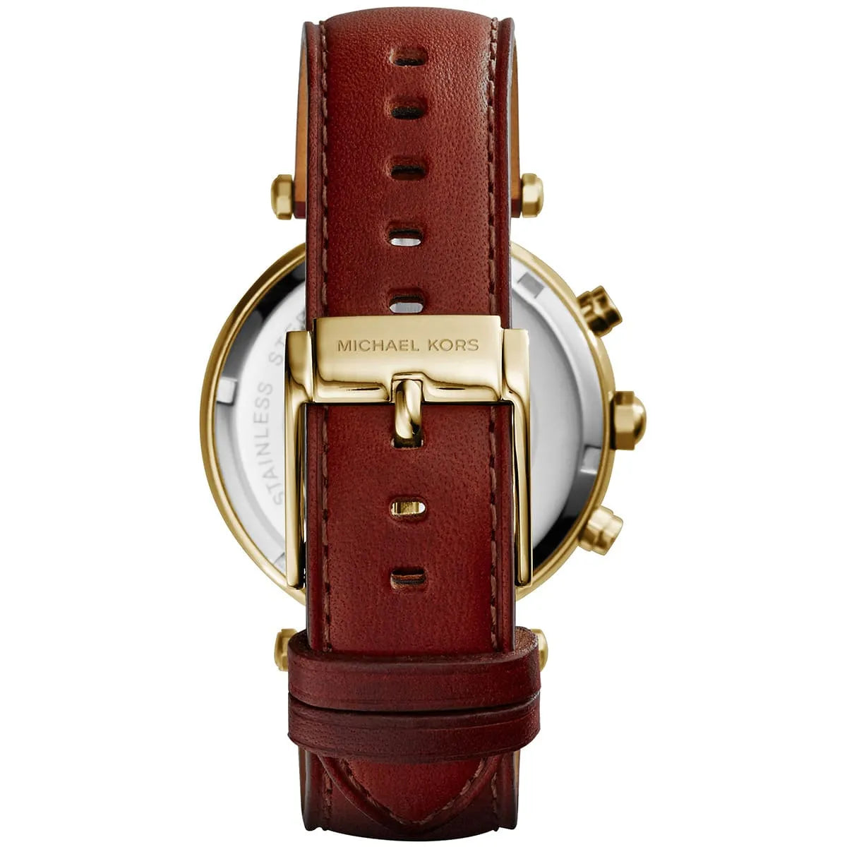 Michael Kors Parker watch caseback showing engraved Michael Kors logo and text