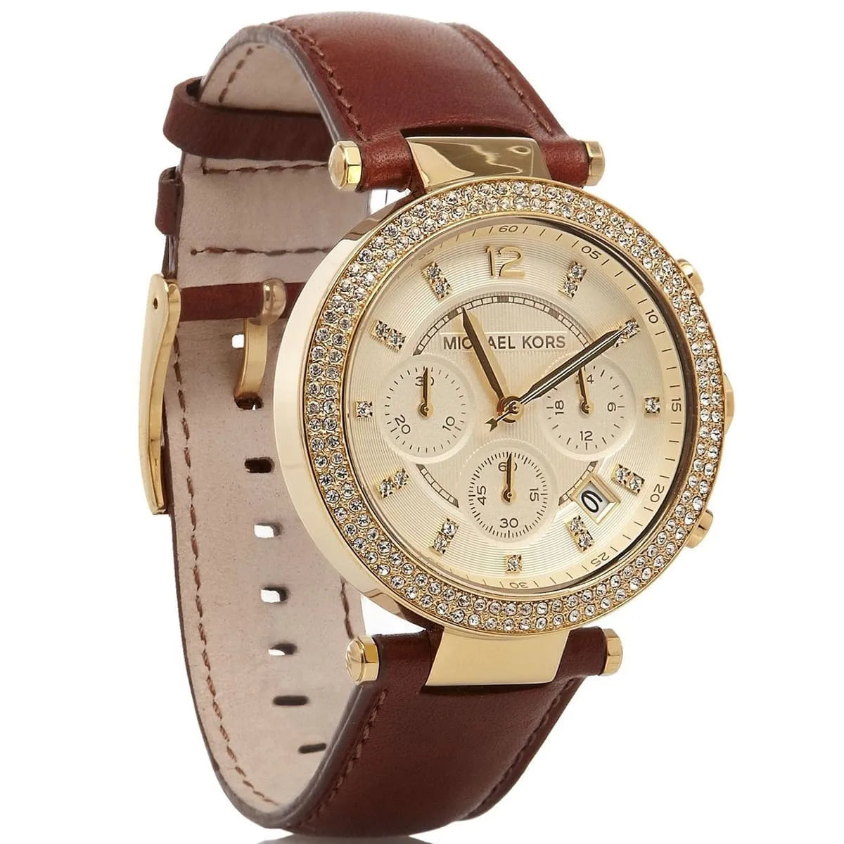 Michael Kors Parker watch on wrist showing chronograph subdials and leather band