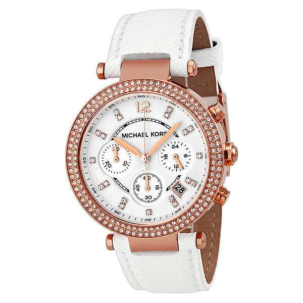 Michael Kors Parker Chronograph Rose Gold-tone White Leather Ladies Watch MK2281