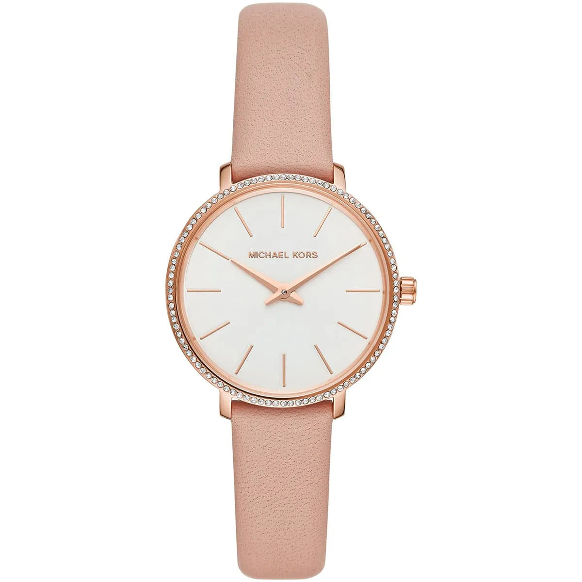 Michael Kors Pyper women's watch with white dial, crystal-bezel, rose-gold case, and pink leather strap