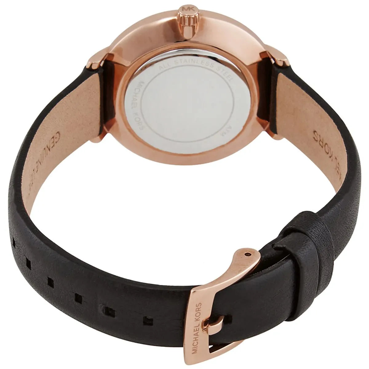 Michael Kors Pyper caseback detail with engraved branding and visible strap attachment