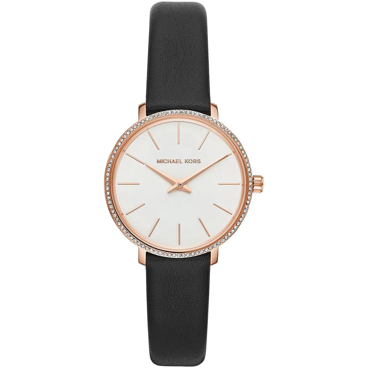Michael Kors Pyper women's watch with white dial, rose gold case with crystal bezel, and black leather strap