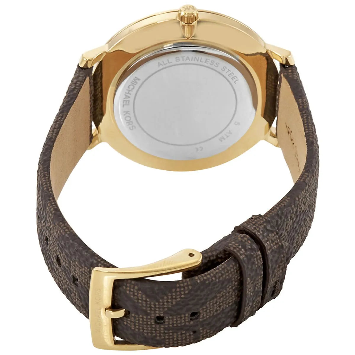 Michael Kors Pyper watch caseback showing stainless steel case and buckle closure