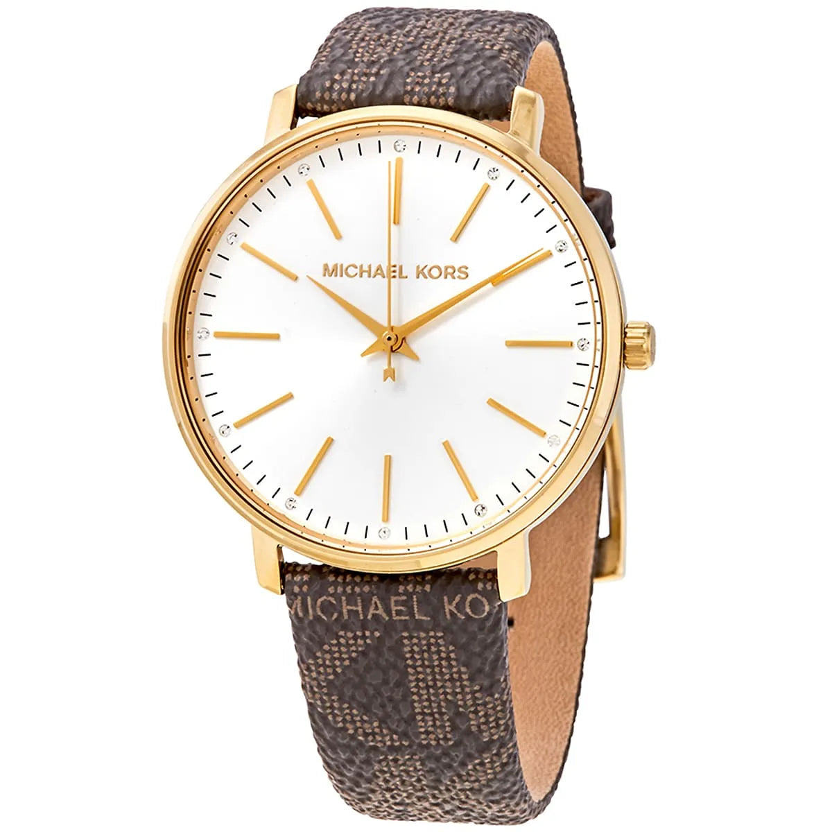 Side angle view of Michael Kors Pyper watch showing three-hand dial and canvas strap