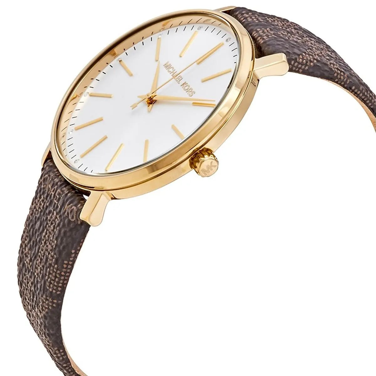 Detailed angle view of Michael Kors Pyper dial with hour markers and hands