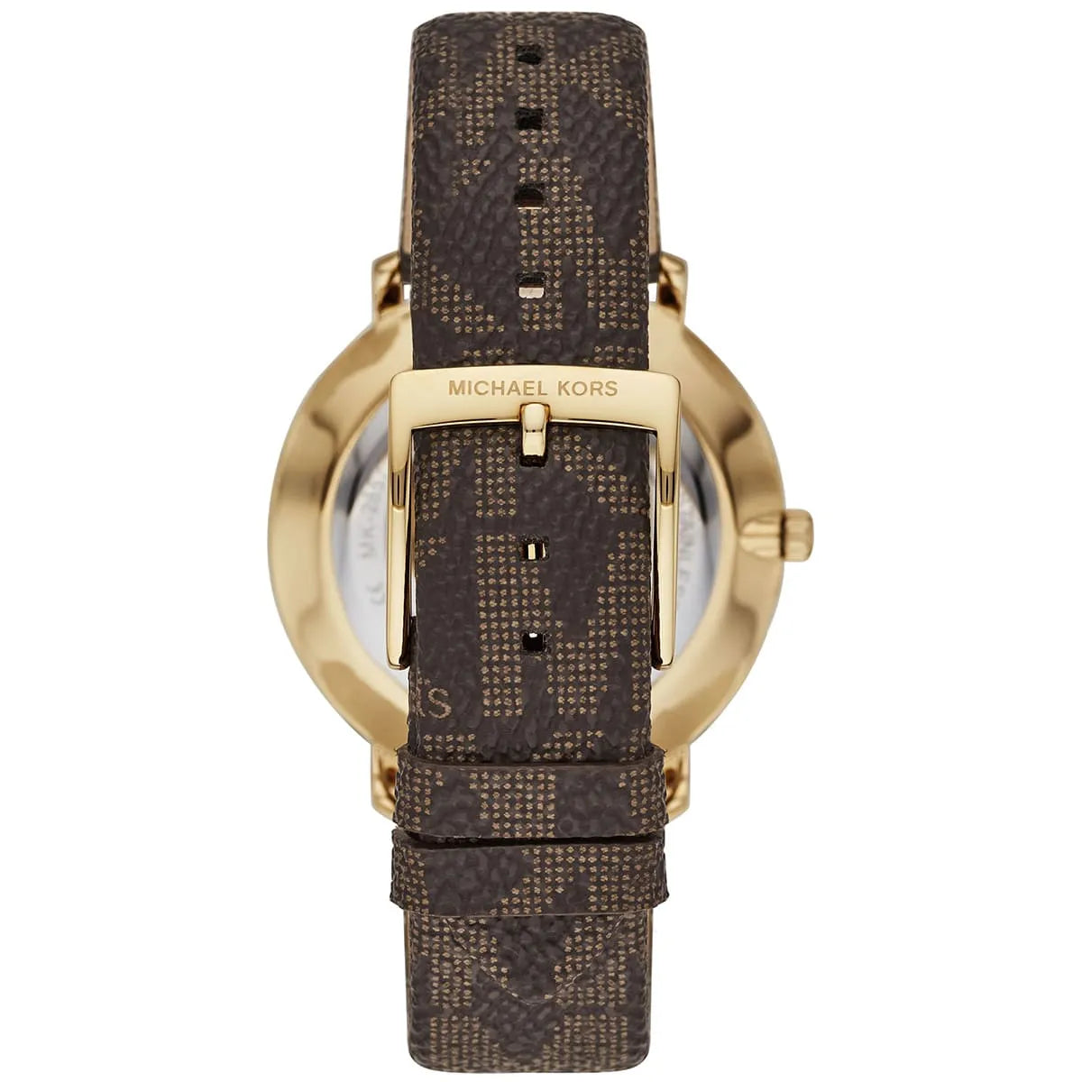 Michael Kors Pyper watch side view displaying gold case and brown canvas strap with buckle