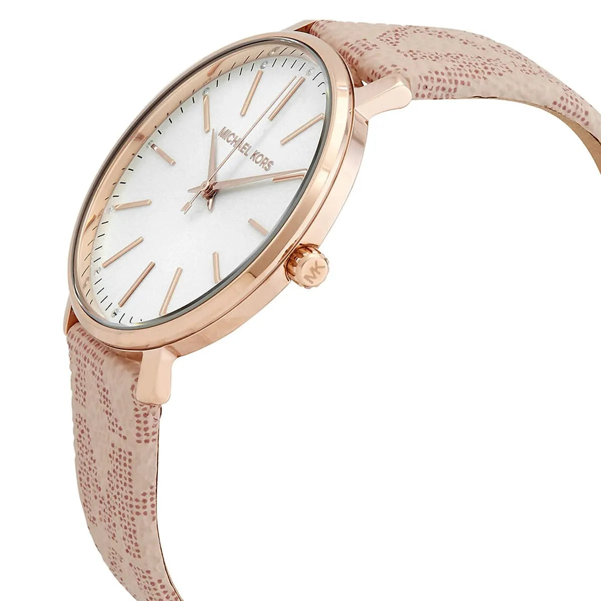 Three-quarter view of Michael Kors Pyper watch with rose gold case and silver dial
