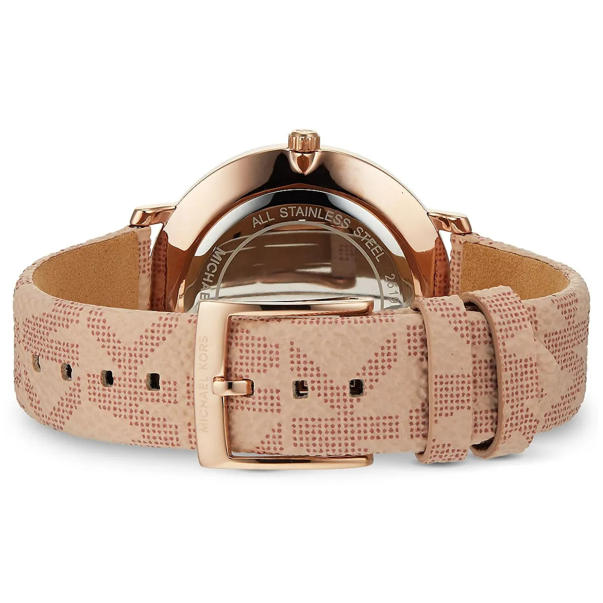 Caseback view of Michael Kors Pyper showing stainless steel case and pink patterned strap