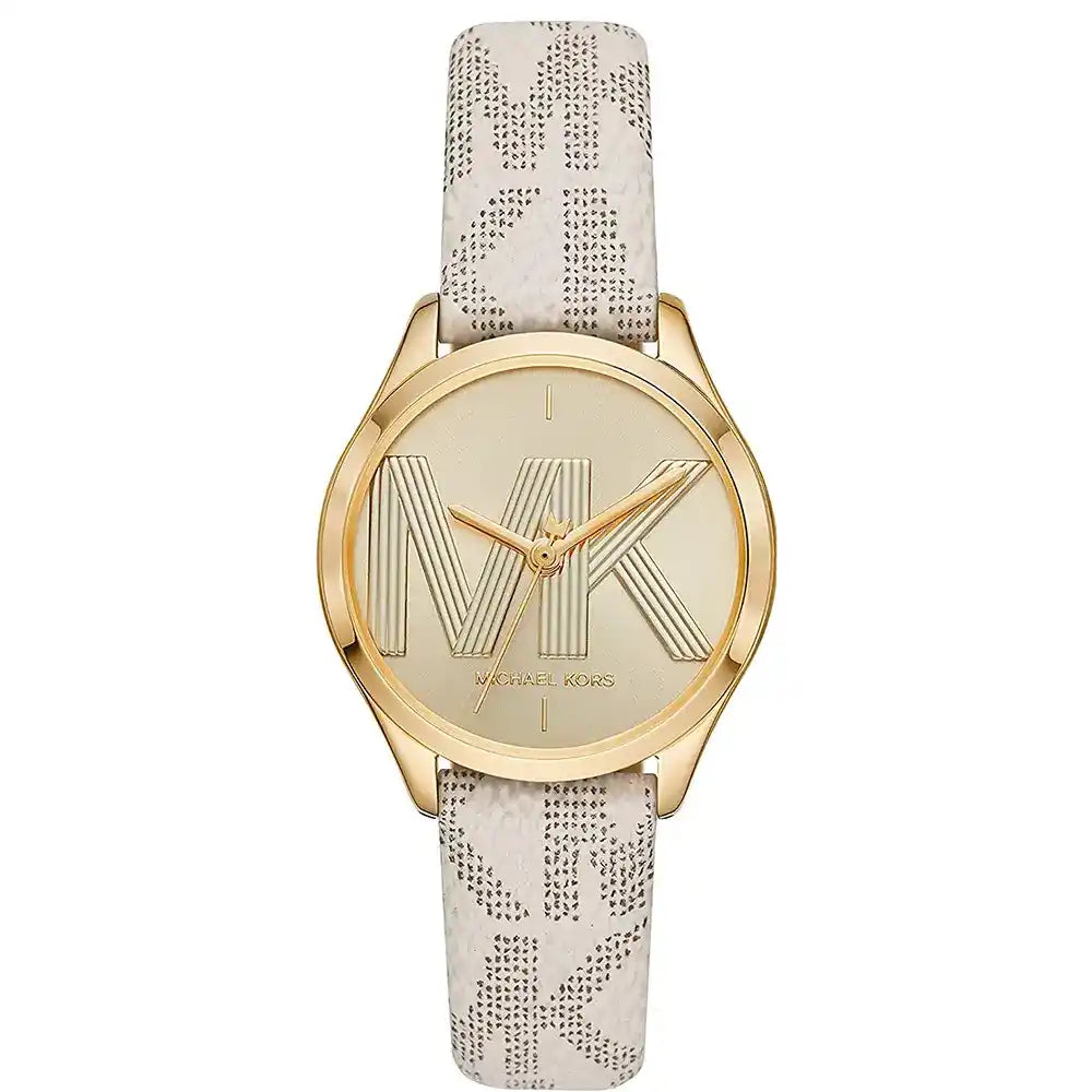 Michael Kors Mini Jaycie watch with gold dial and beige patterned canvas strap