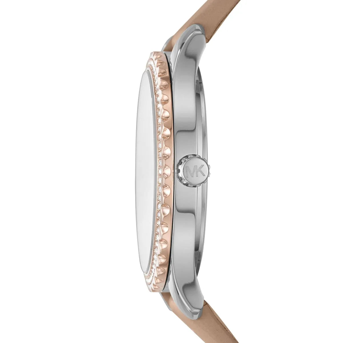 Michael Kors Layton watch side view with crystal-set bezel and silver case