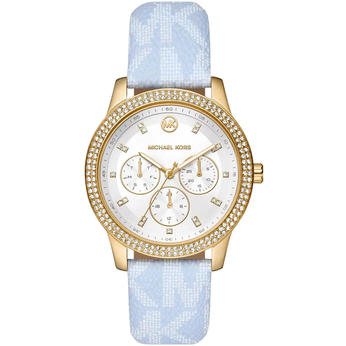 Michael Kors Tibby gold watch with white dial, three subdials, crystal bezel, and blue patterned leather strap