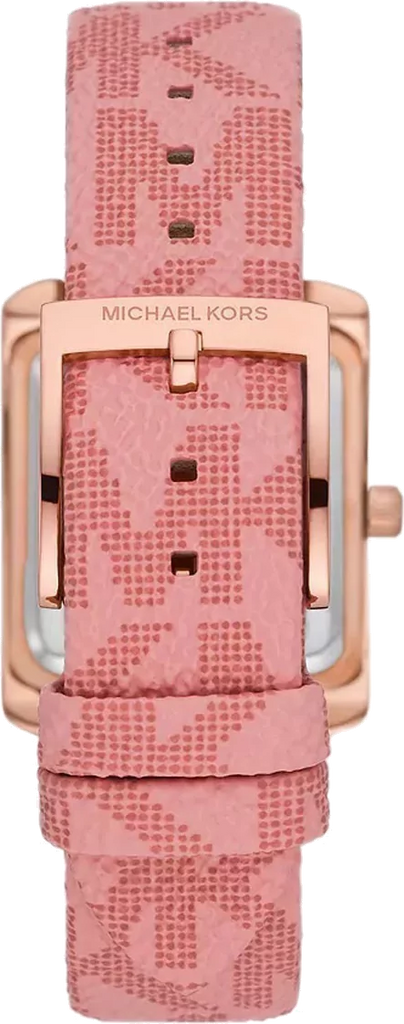 Back view of Michael Kors Emery MK2966 showing rose gold case back and pink patterned strap