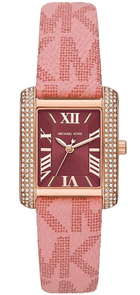 Michael Kors Emery women's watch with burgundy dial, rose gold case, crystal bezel, and primrose pink patterned strap