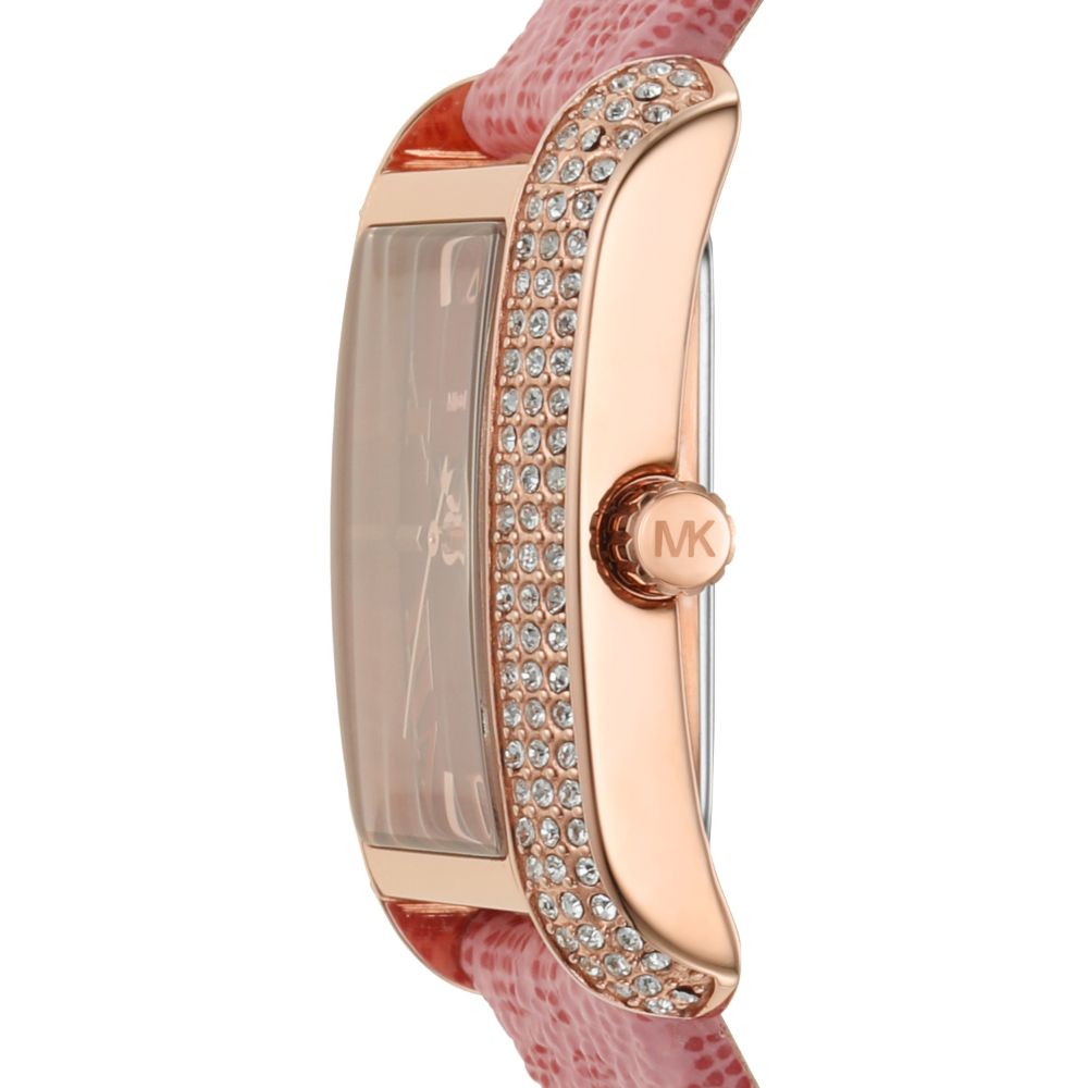 Side profile of MK2966 showing rose gold rectangular case with crystal-set bezel and pink patterned strap