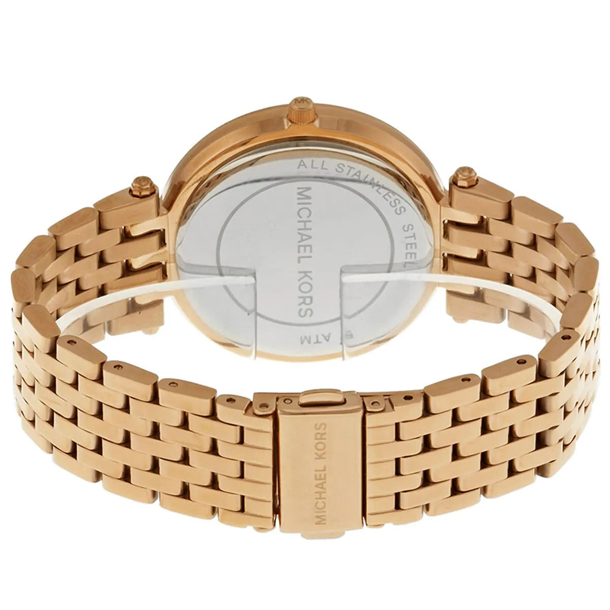 Michael Kors Darci caseback view showing engraved text and metal band links