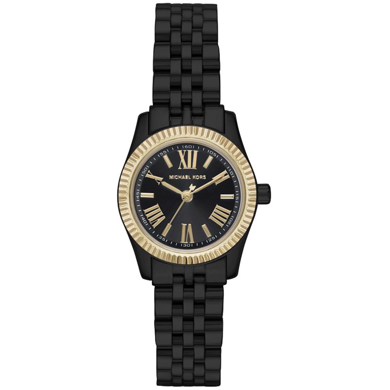 Michael Kors Lexington MK3299 front view showing black dial with gold Roman numerals and gold-tone bezel