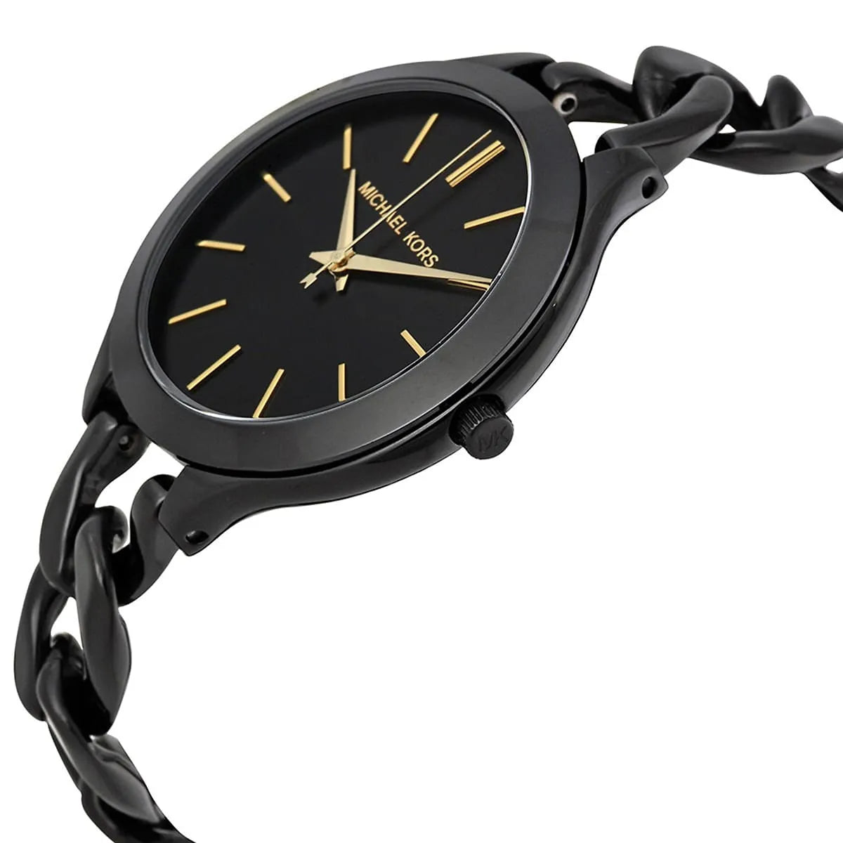 Michael Kors MK3317 Slim Runway watch at angle showing black dial with gold markers and chain strap