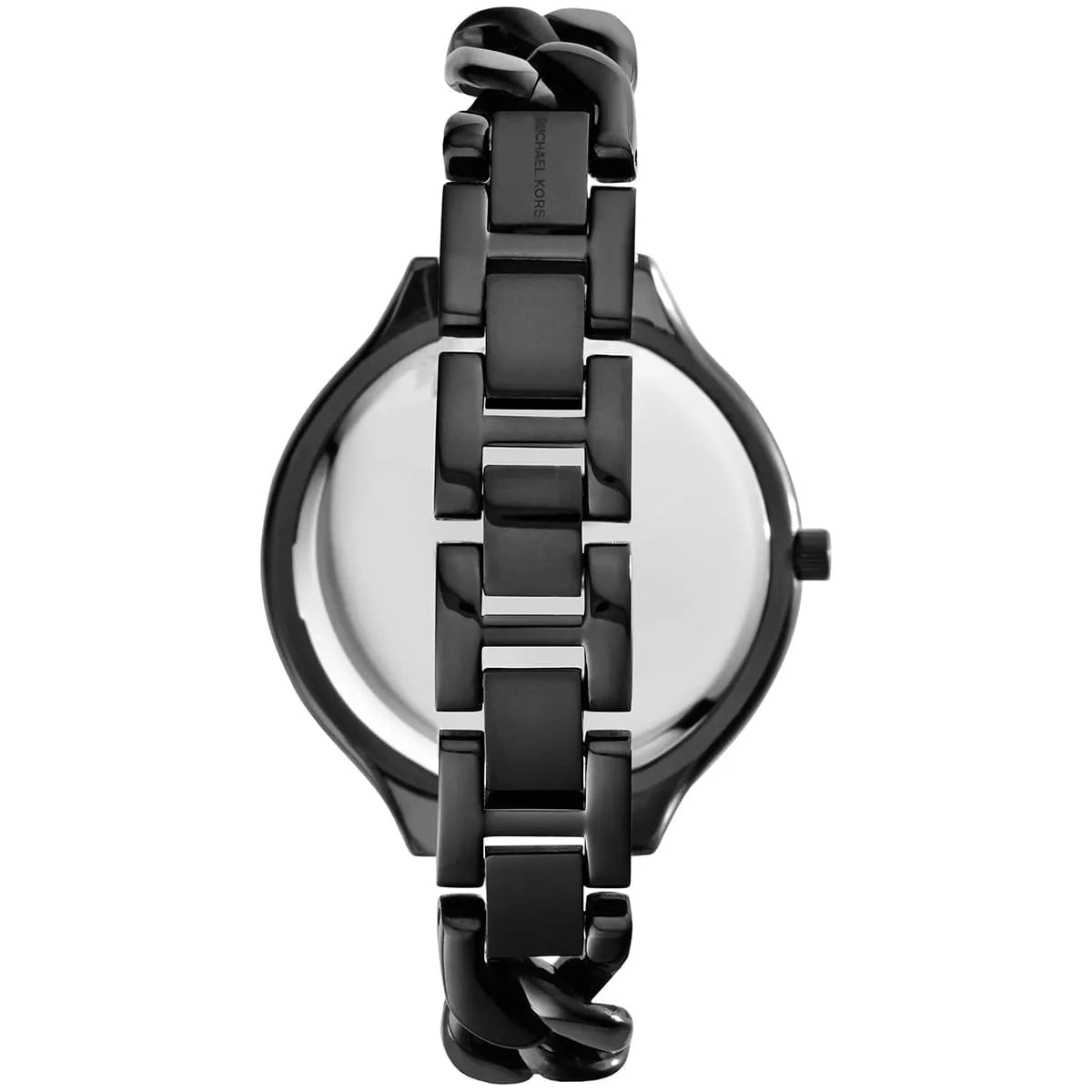 Michael Kors MK3317 women's watch from above showing round black case and black chain link strap