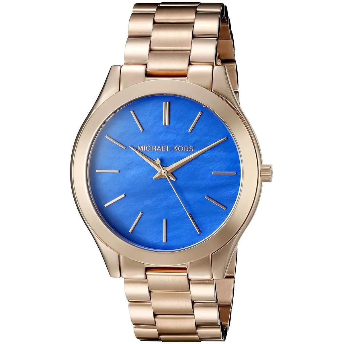 Michael Kors Slim Runway MK3494 three-quarter view showing blue dial and rose gold bracelet
