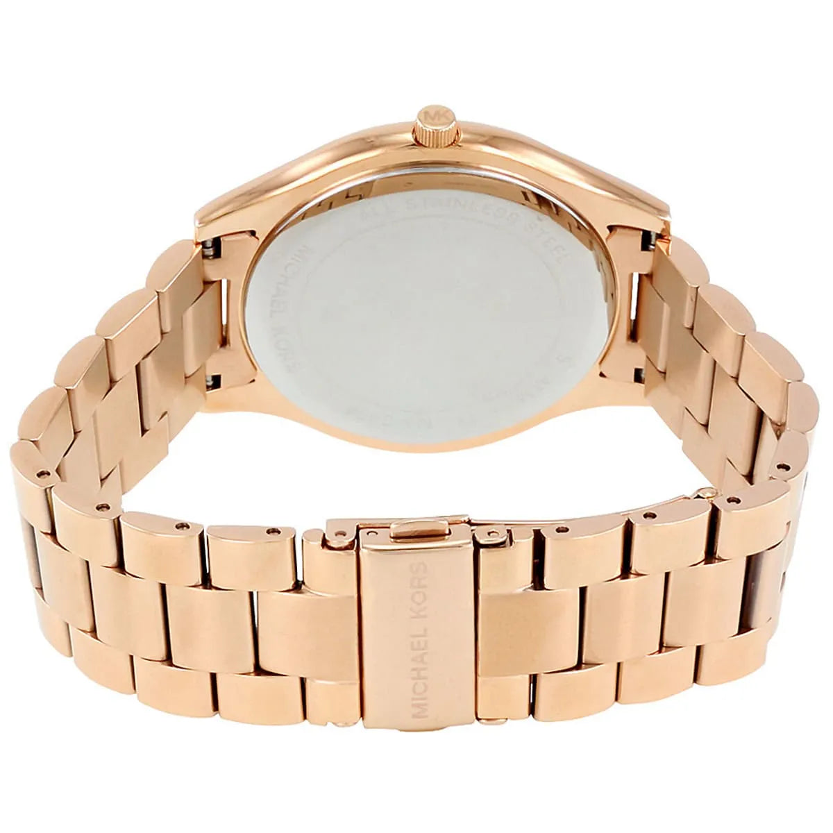 Michael Kors Slim Runway MK3494 caseback showing rose gold stainless steel construction