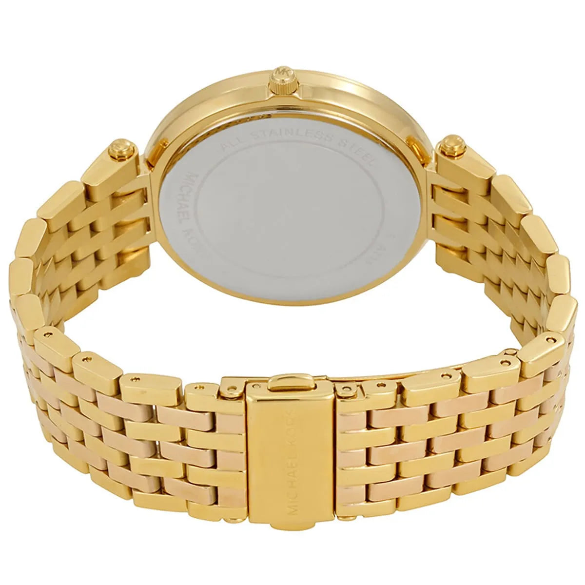 Michael Kors Darci watch caseback showing rose gold steel bracelet and clasp
