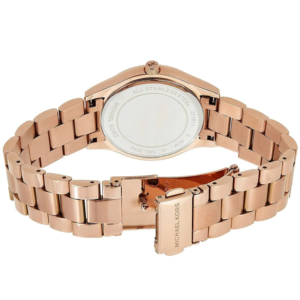 Case back of Michael Kors Runway MK3550 showing stainless steel and closure mechanism