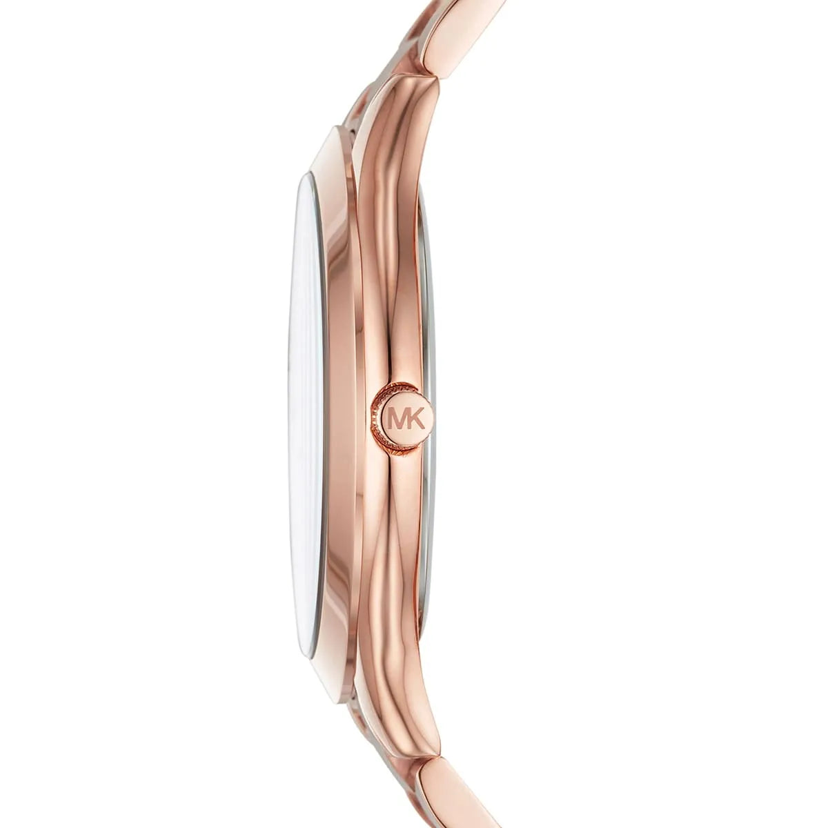 Side profile of Michael Kors MK3550 Runway watch showing rose gold case thickness and strap