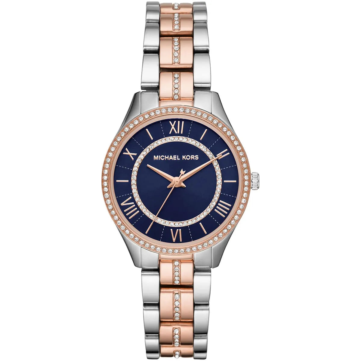 Michael Kors Lauryn women's watch with blue dial, rose gold bezel, and two-tone silver and rose gold strap