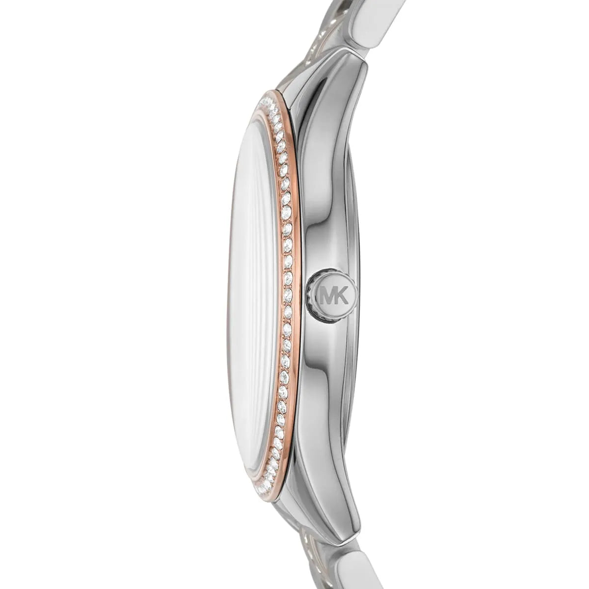 Side profile of Michael Kors Lauryn watch showing case thickness and crystal-set rose gold bezel