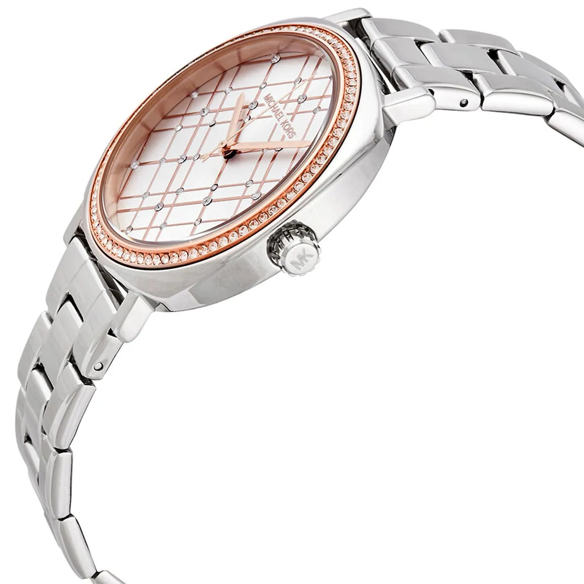 Michael Kors Nia watch angled view showing rose gold bezel with crystals and silver steel strap