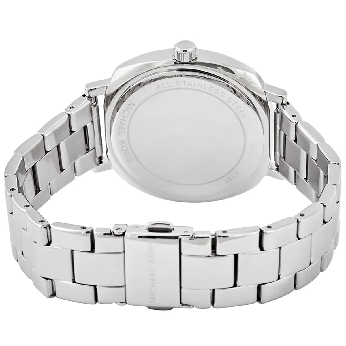 Michael Kors Nia watch caseback view with stainless steel bracelet