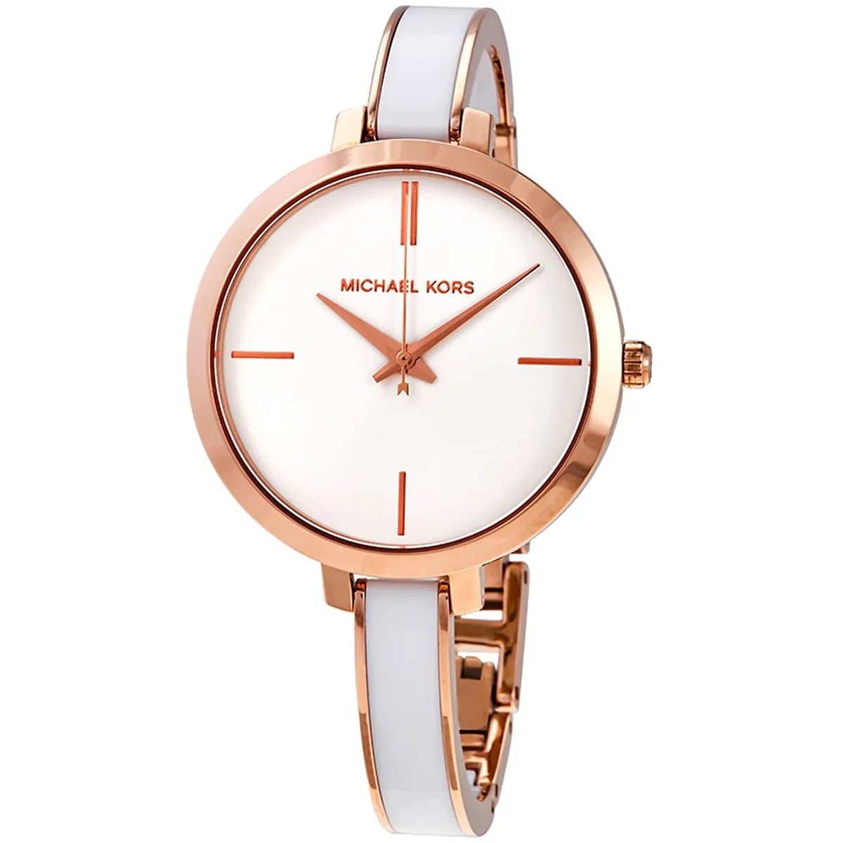 Michael Kors Jaryn women's watch angled view showing white dial and rose gold case