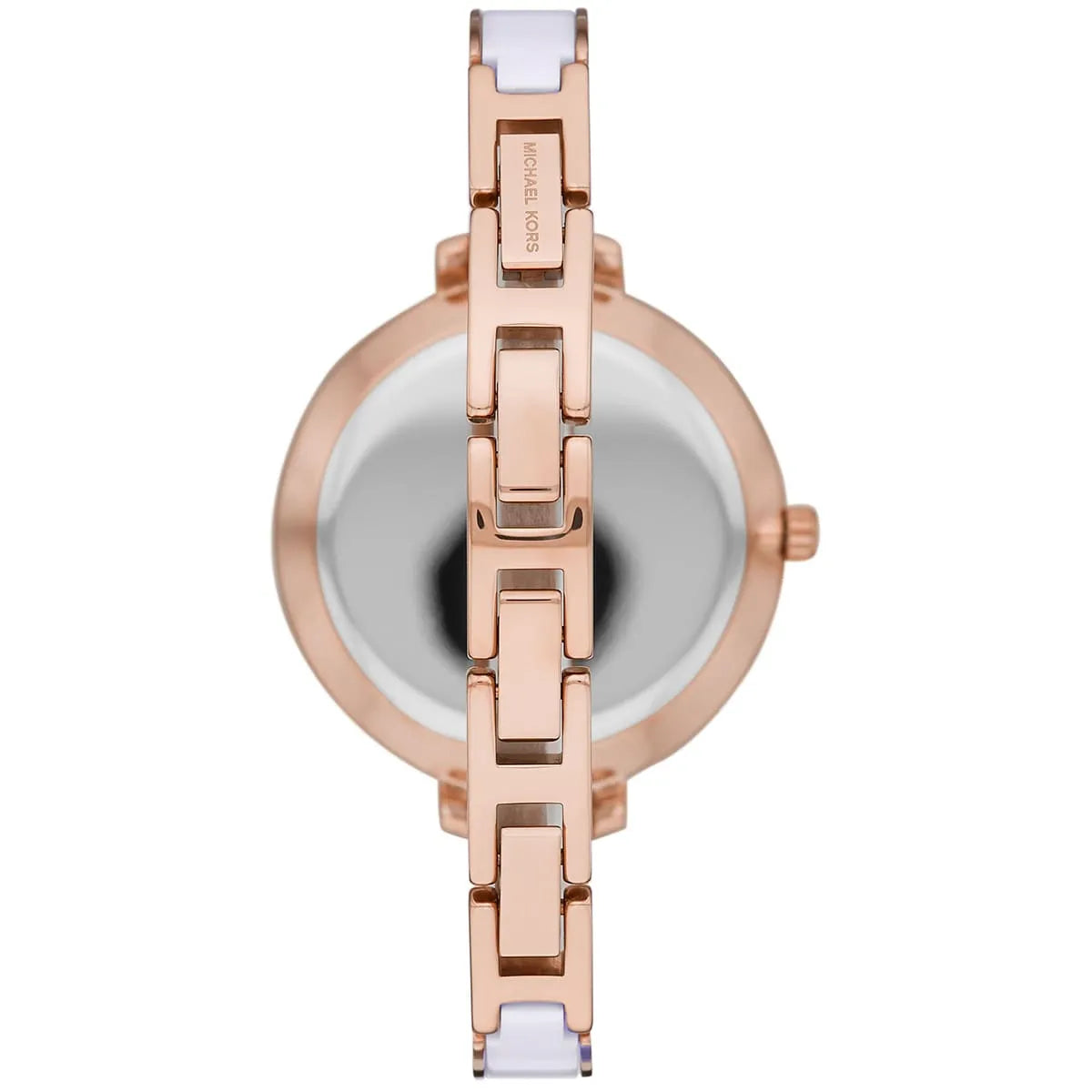 Michael Kors Jaryn watch caseback showing stainless steel case and white strap