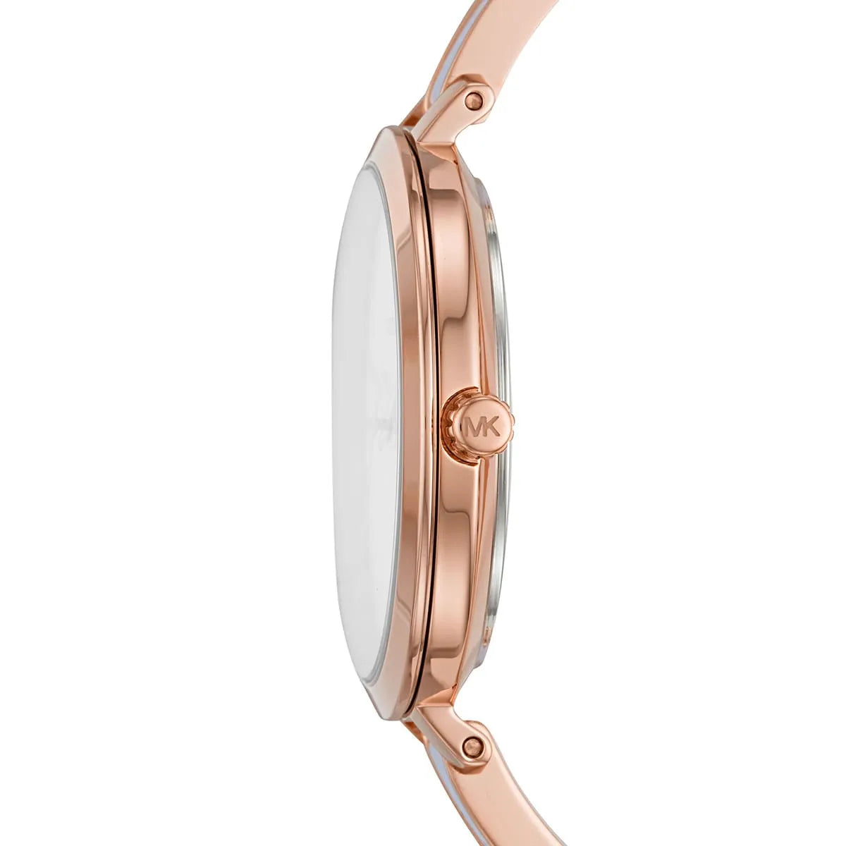 Michael Kors Jaryn watch side profile with white acrylic strap and rose gold case