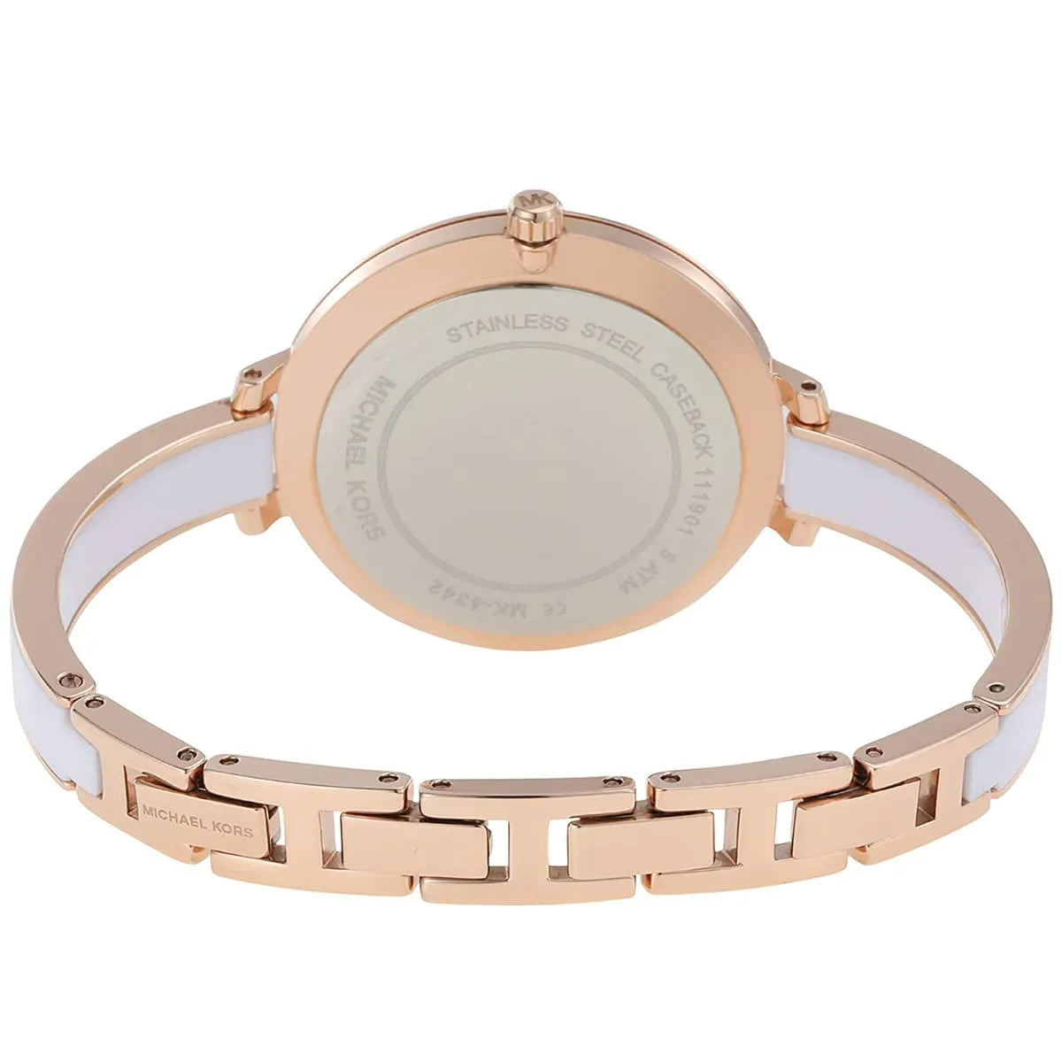 Michael Kors Jaryn two-tone strap detail with rose gold links and white acrylic sections