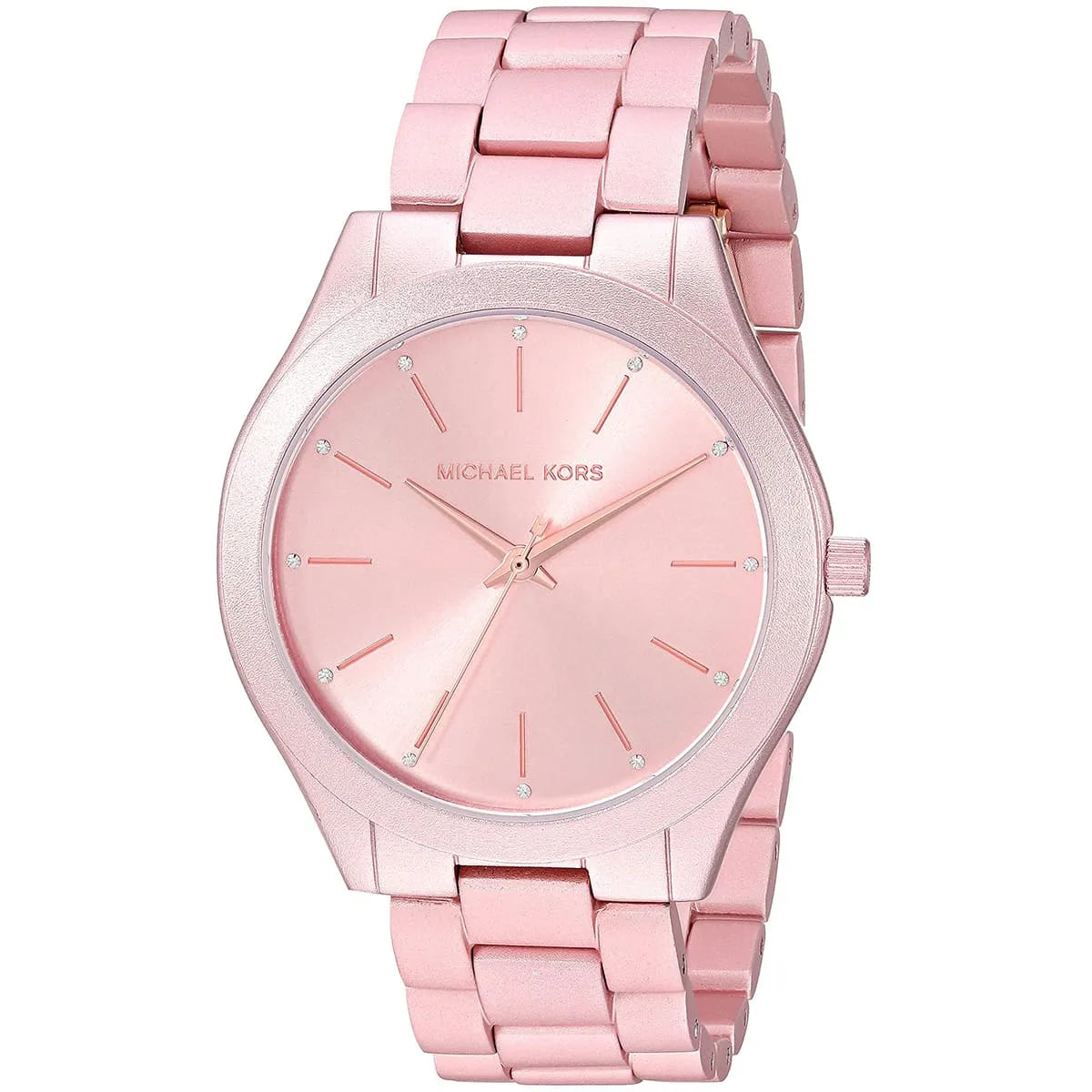 Michael Kors Slim Runway MK4456 three-quarter view showing pink aluminum case and bracelet