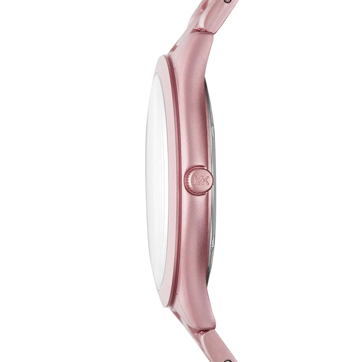 Michael Kors MK4456 side profile showing thin case depth and pink bracelet