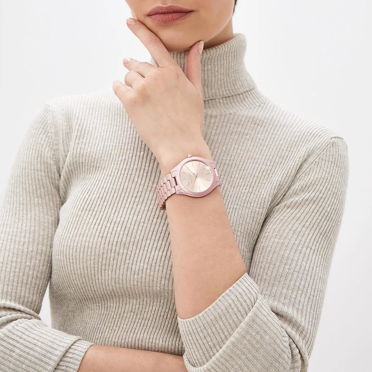 Michael Kors Slim Runway MK4456 pink watch worn on wrist