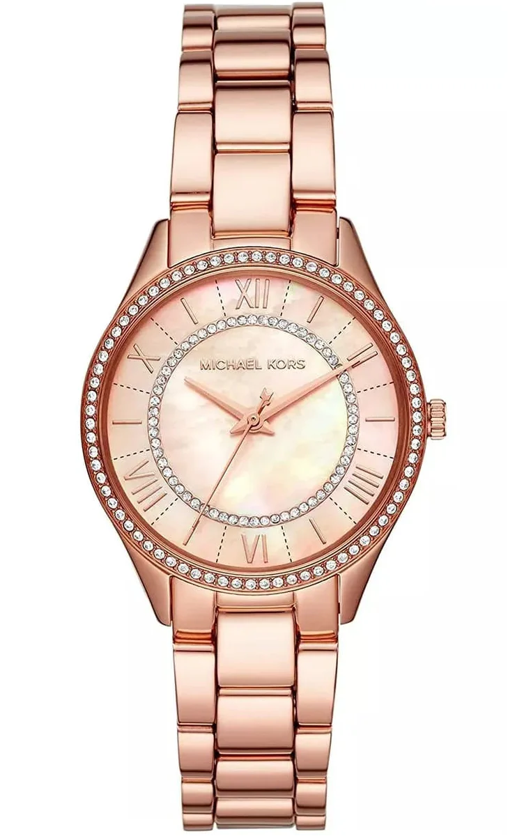 Michael Kors Lauryn rose gold women's watch with crystal bezel and rose gold bracelet