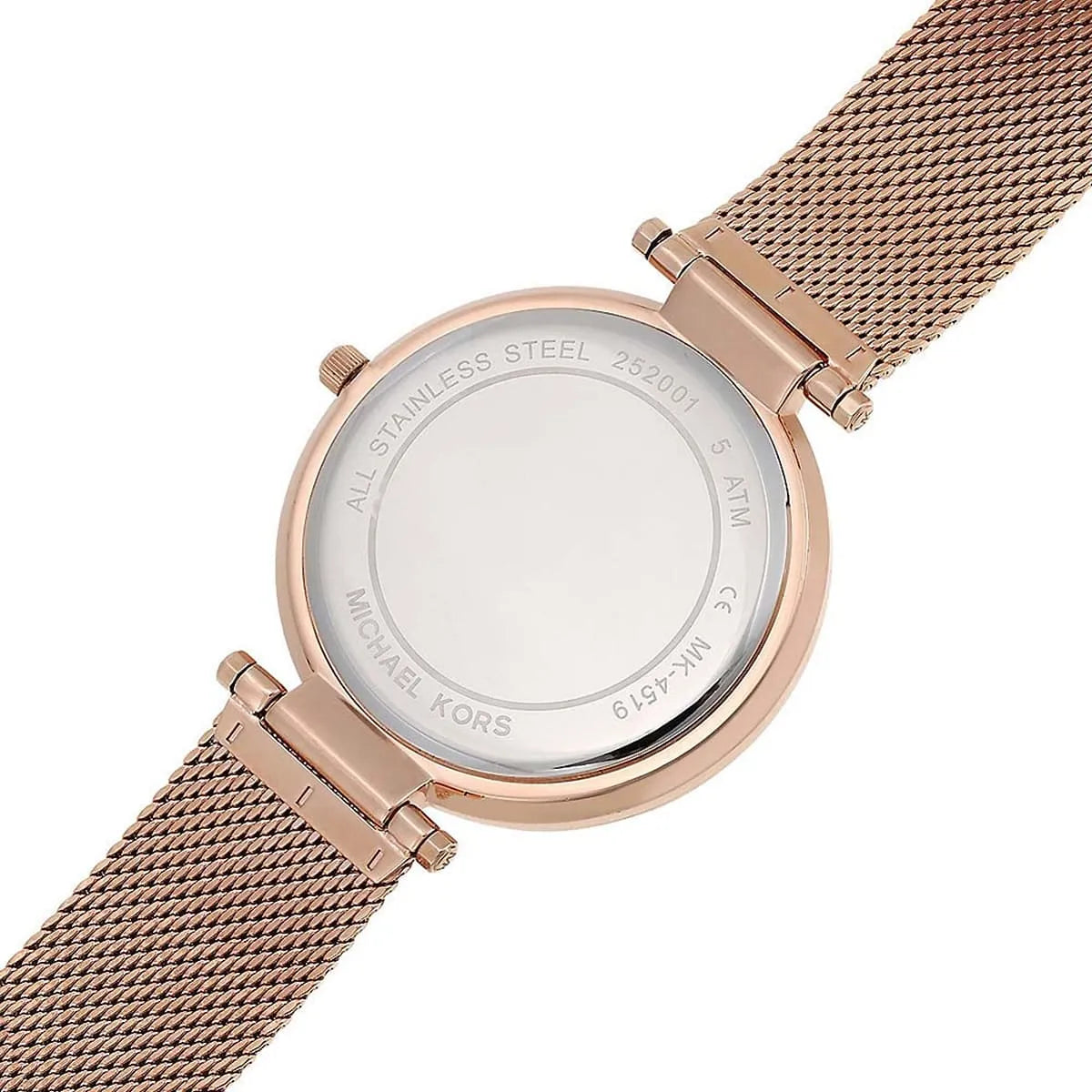Caseback of Michael Kors Darci watch with stainless steel MK4519 model engraving