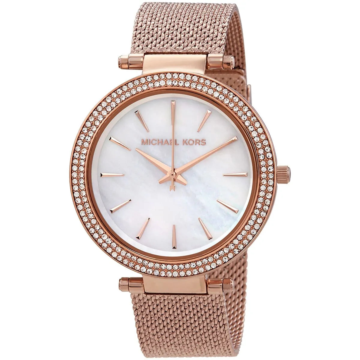 Front view of Michael Kors Darci watch with white MOP dial and rose-gold mesh band