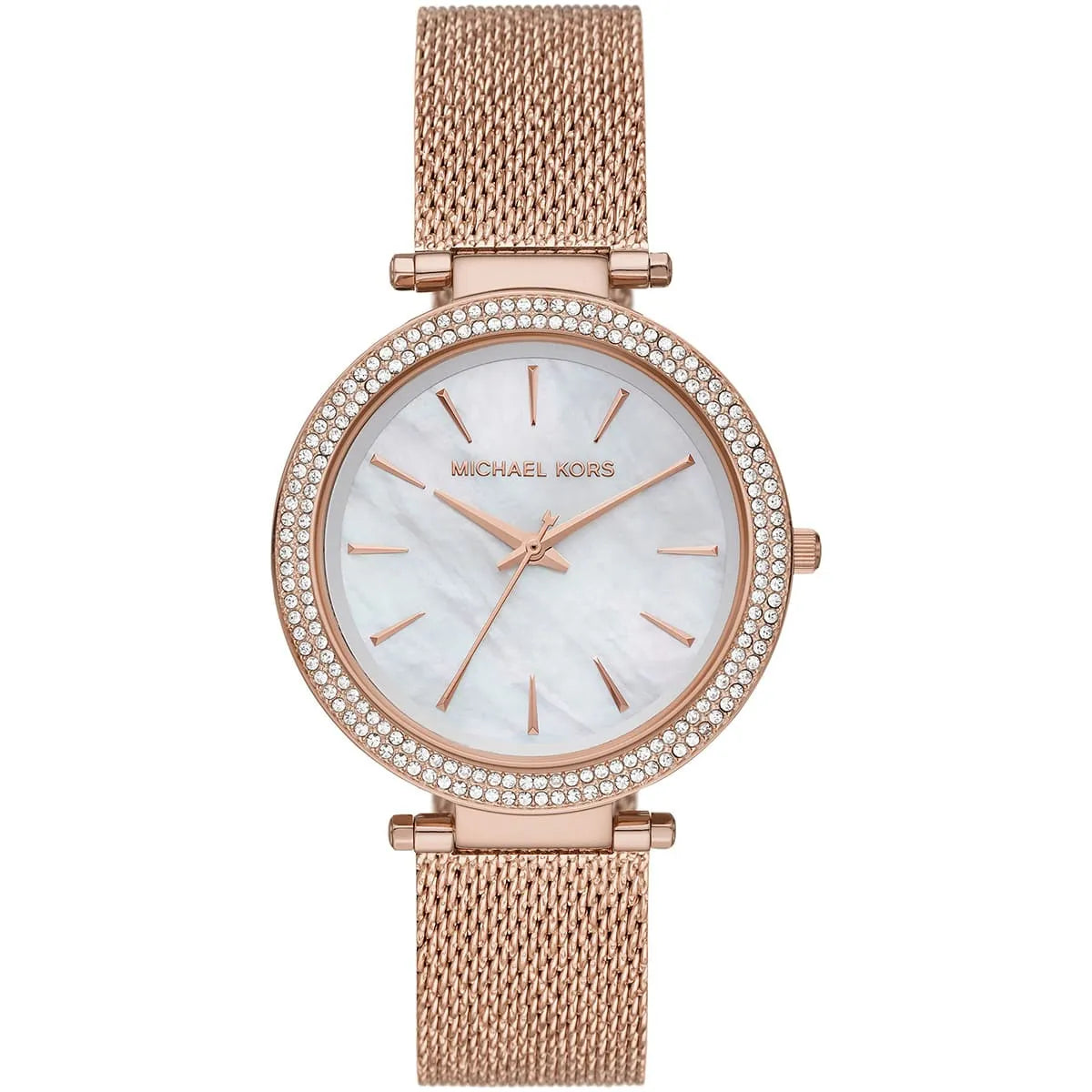 Michael Kors Darci women's watch with white mother-of-pearl dial, rose-gold mesh strap, and crystal bezel