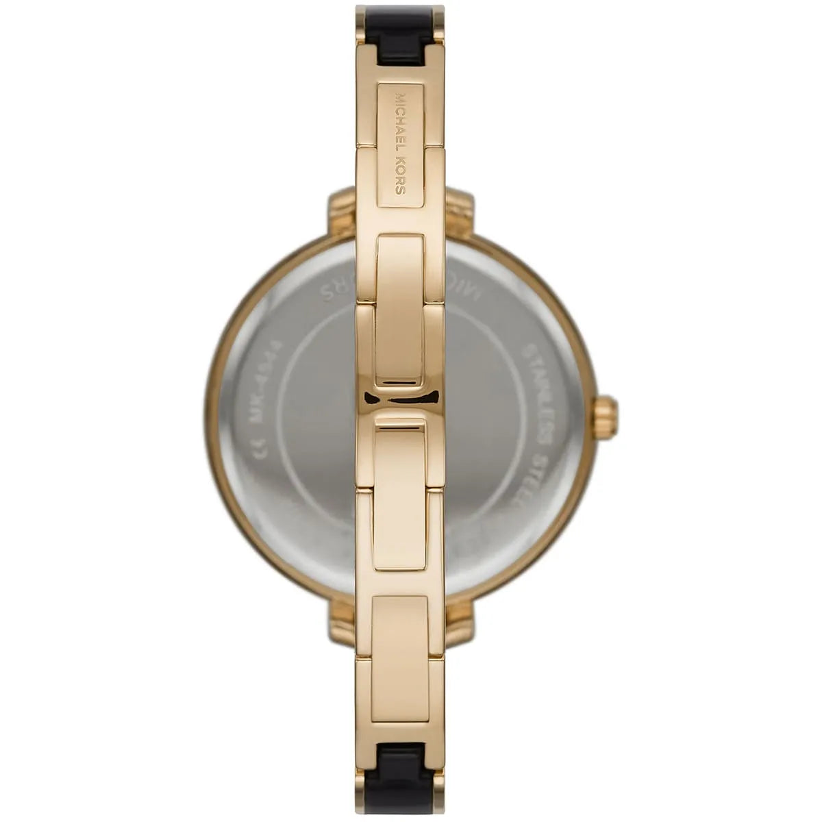 Angled view of Michael Kors Jaryn watch displaying gold two-tone bangle bracelet design