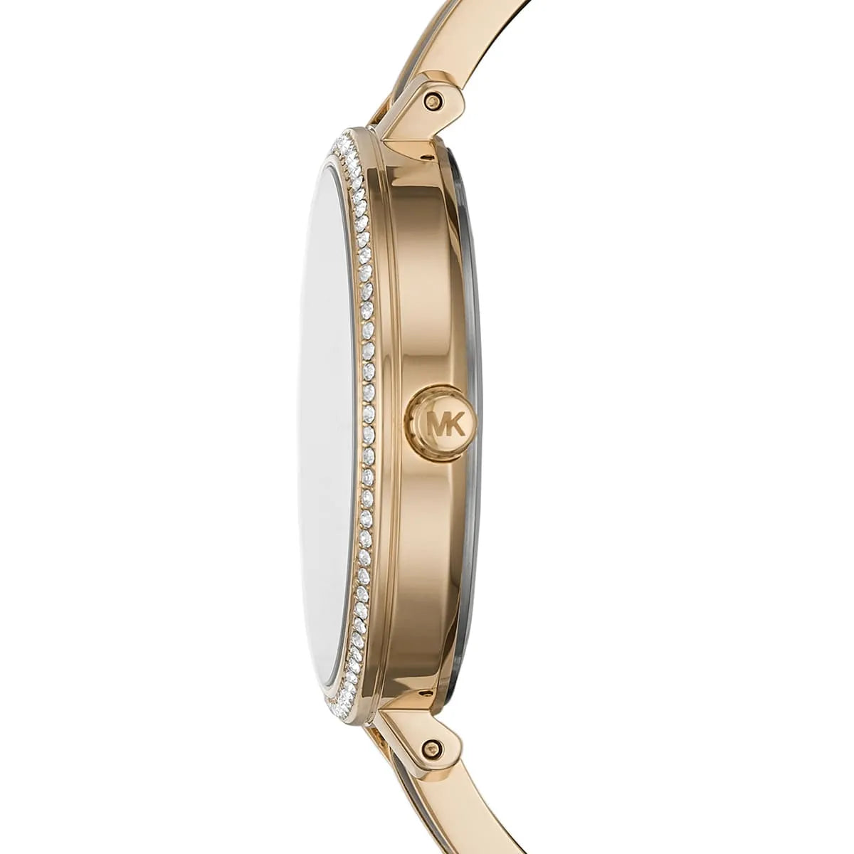 Side view of Michael Kors Jaryn watch showing gold two-tone bangle band with crystal accents
