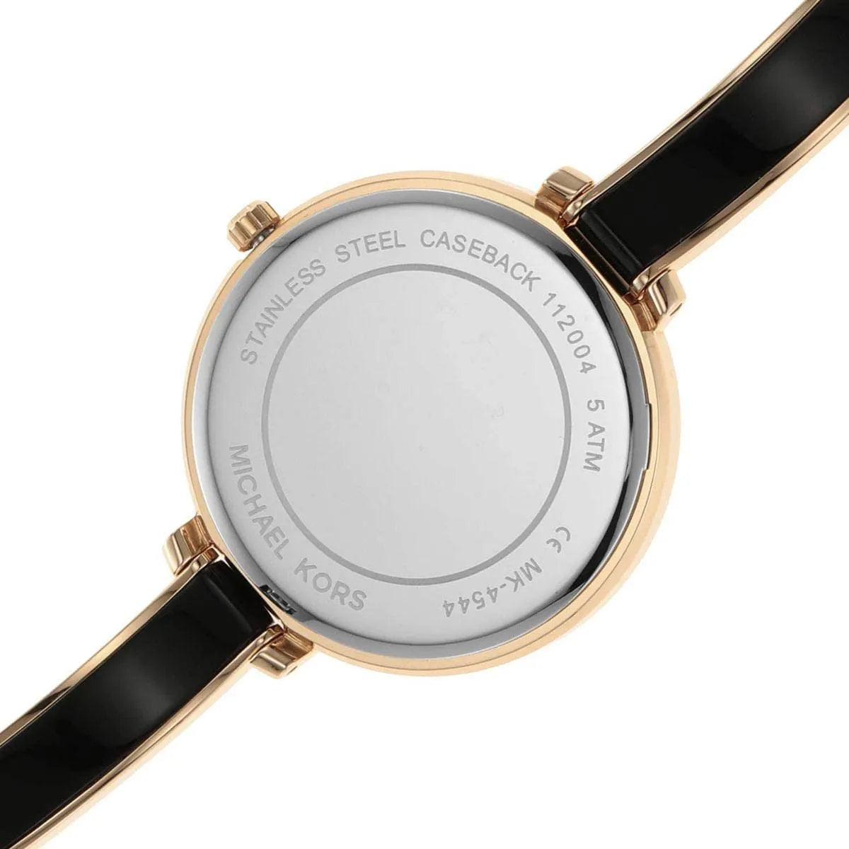 Michael Kors Jaryn watch caseback showing stainless steel case with model and specifications