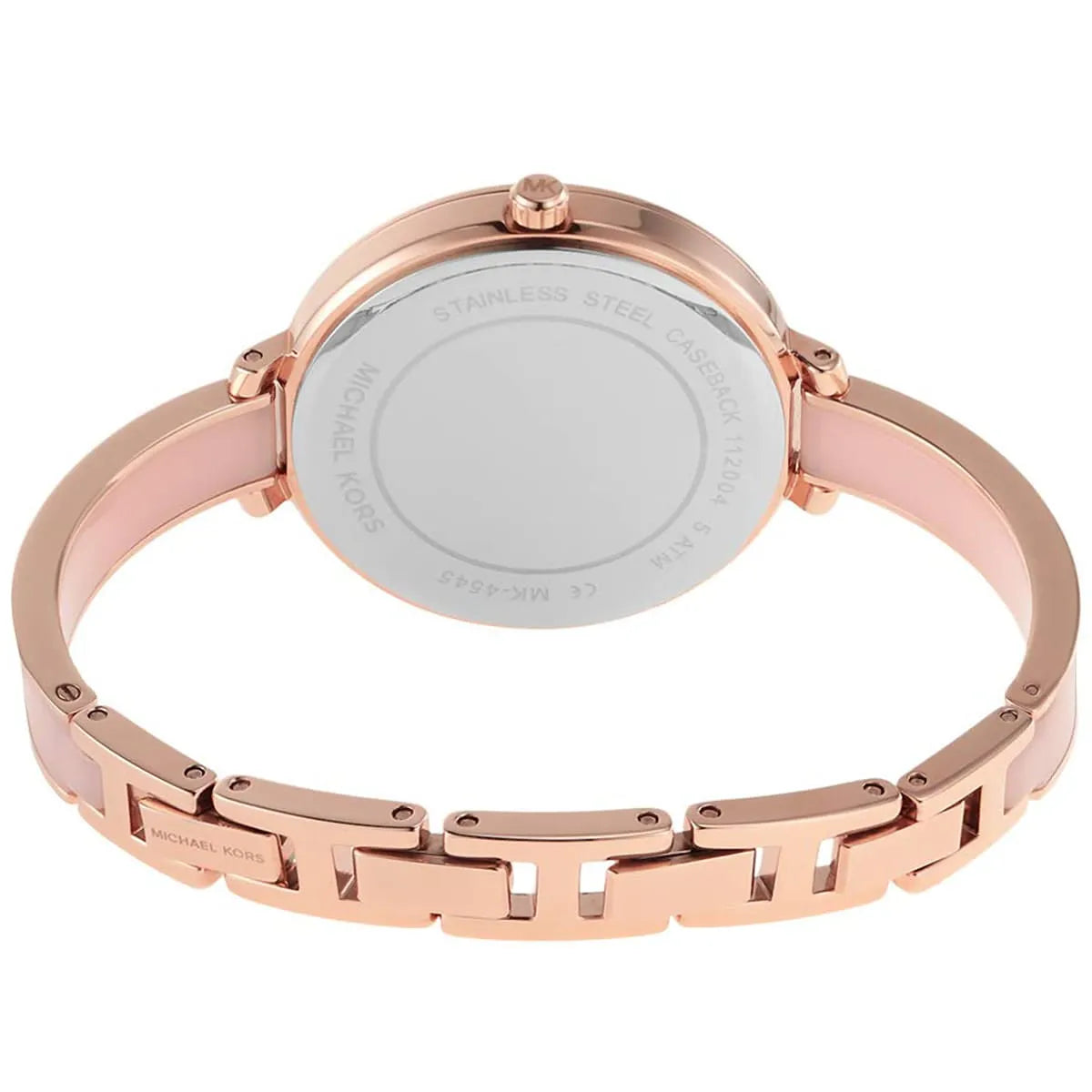 Michael Kors Jaryn watch angled rear view showing rose gold metal bracelet detail