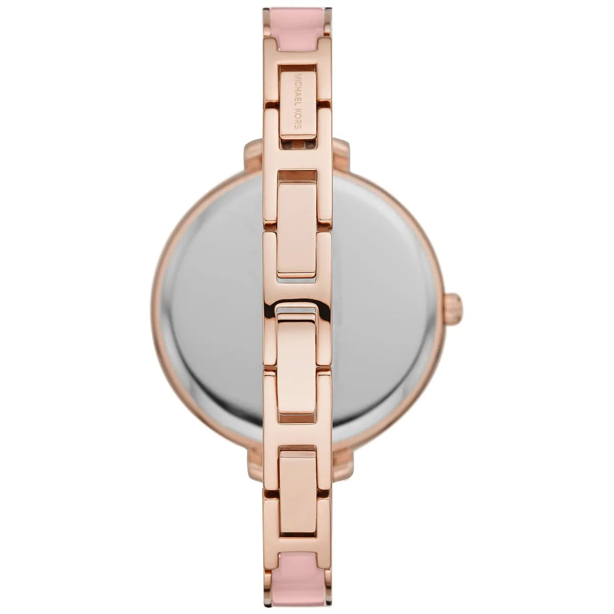 Michael Kors Jaryn watch top view with rose gold case and pink steel strap