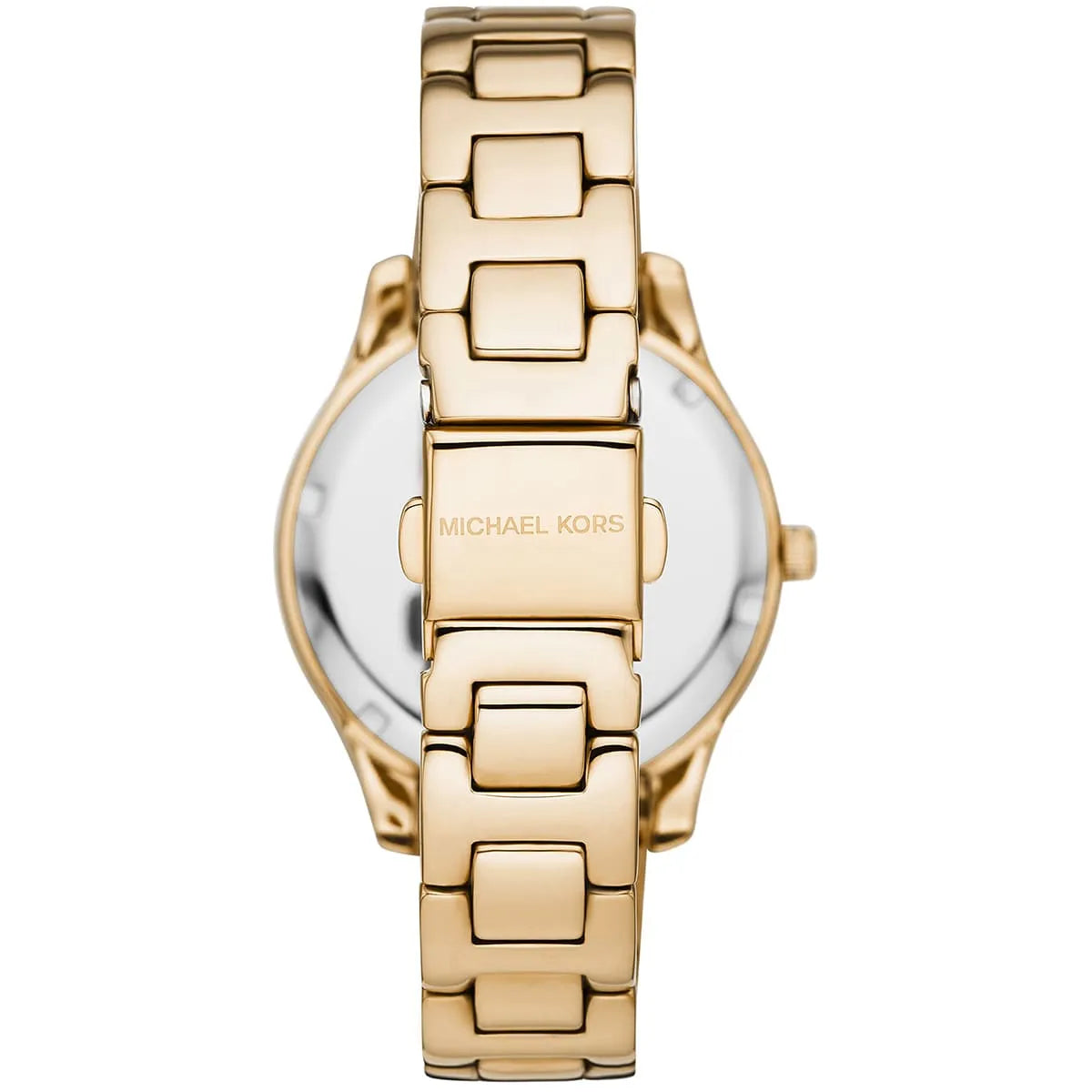 Michael Kors Liliane MK4555 watch back view with gold metal bracelet and Michael Kors logo