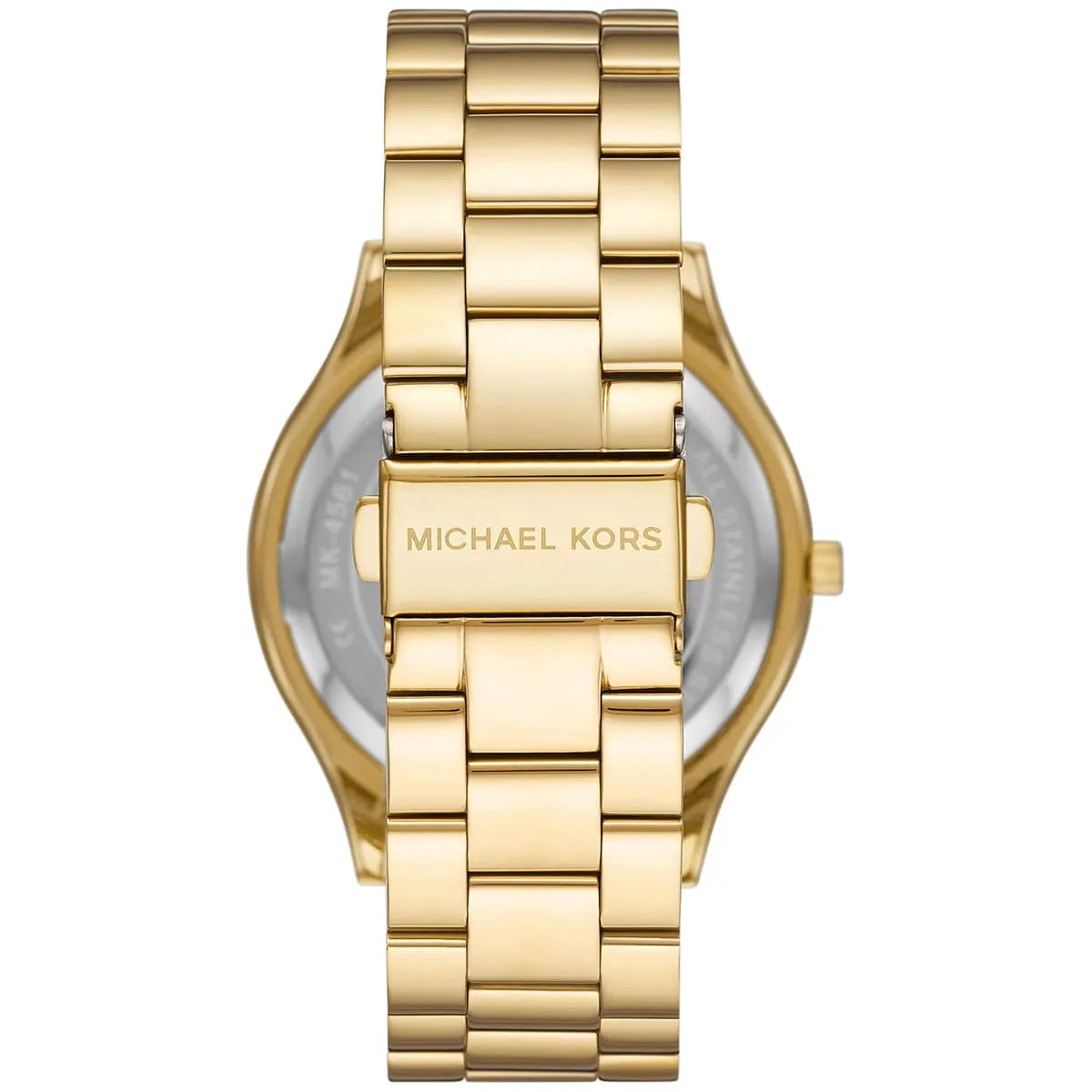 Michael Kors MK4561 watch caseback view with gold-tone stainless steel bracelet